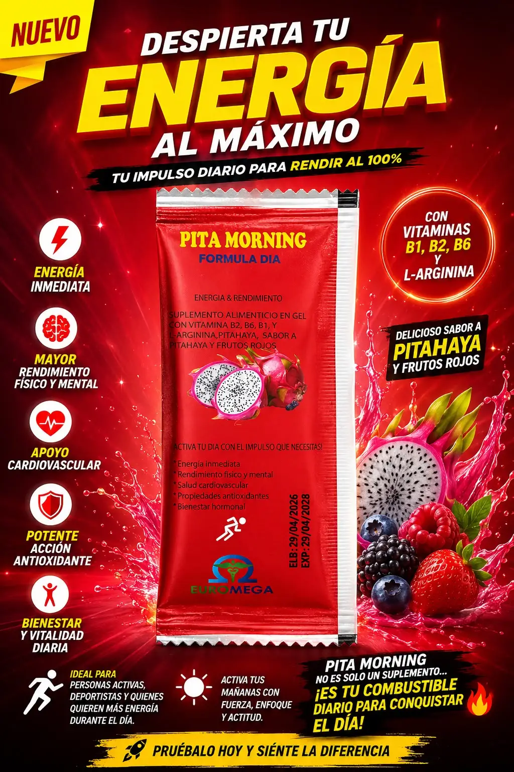 Pita Morning Euromega – Suplemento Alimenticio en Gel con Vitaminas y L-Arginina (Sabor Pitahaya y Frutos Rojos) - Image 3