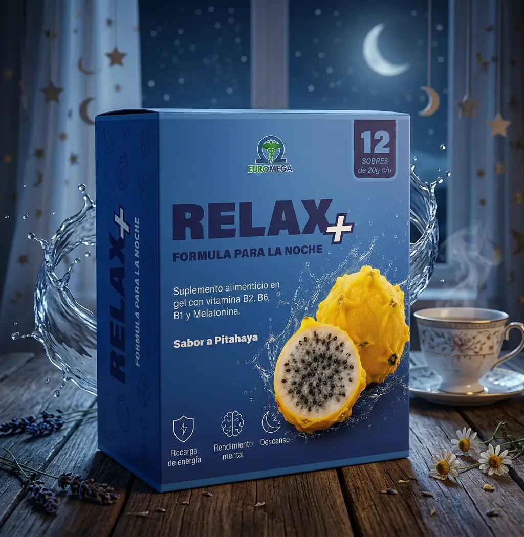 Relax+ Euromega – Suplemento Alimenticio en Gel con Melatonina y Vitaminas B1, B2, B6 Sabor Pitahaya - Image 3