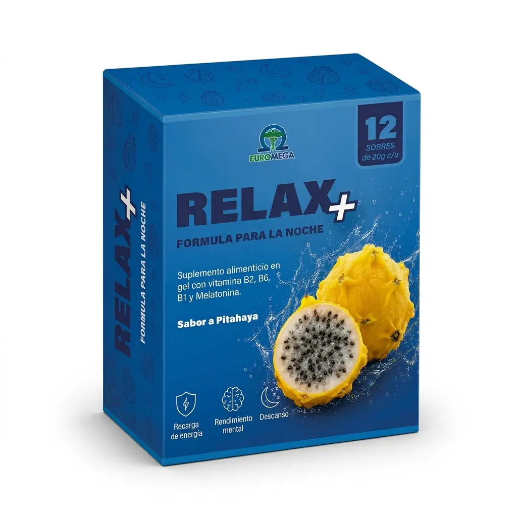 Relax+ Euromega – Suplemento Alimenticio en Gel con Melatonina y Vitaminas B1, B2, B6 Sabor Pitahaya