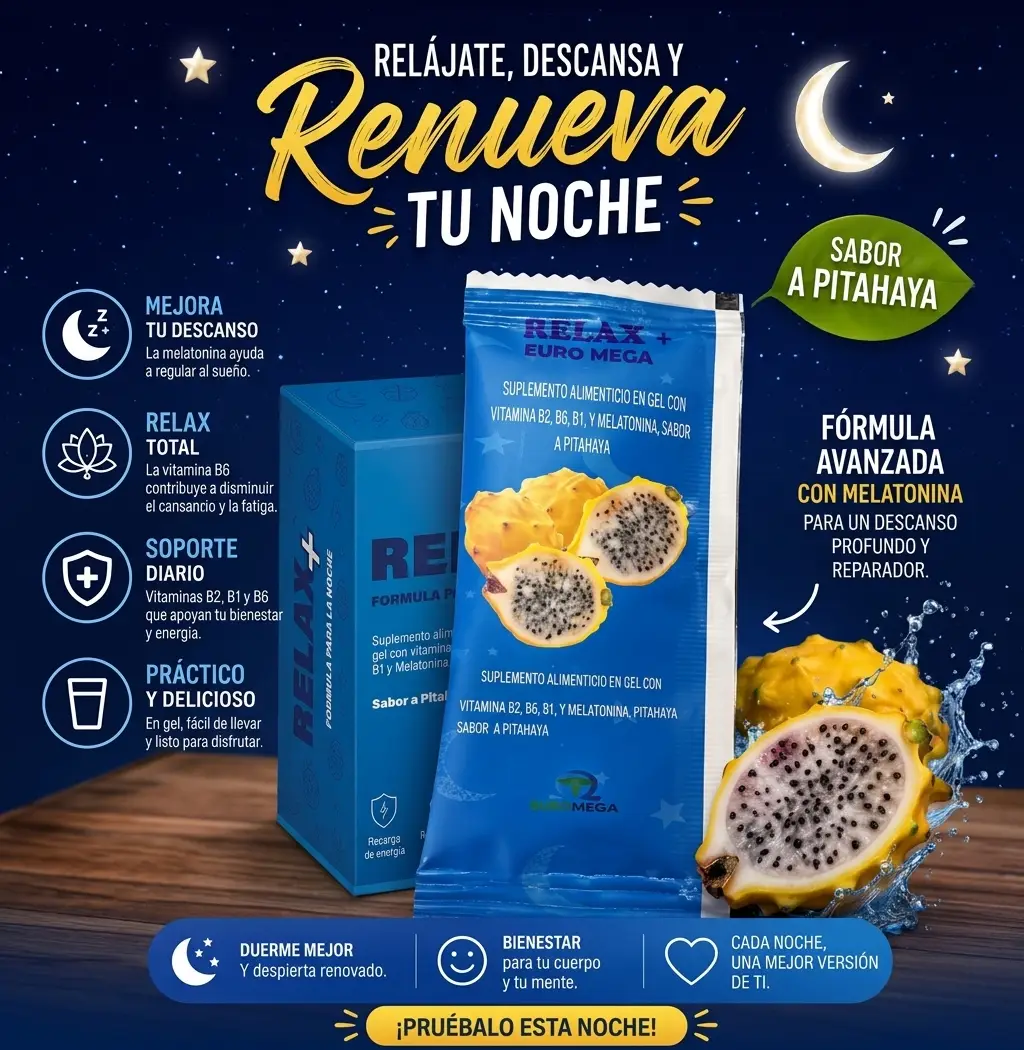 Relax+ Euromega – Suplemento Alimenticio en Gel con Melatonina y Vitaminas B1, B2, B6 Sabor Pitahaya - Image 2